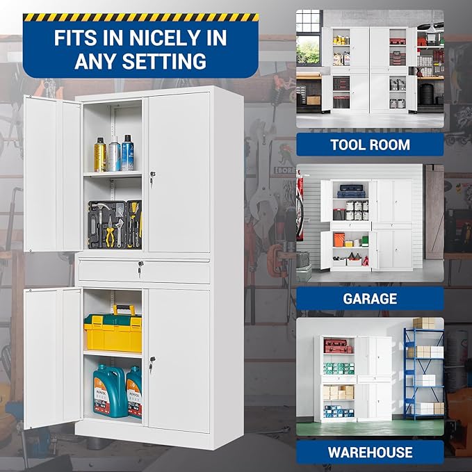 71" Metal Cabinet-White Heavy Duty Storage File Cabinet Steel Tool Cabinets with Shelves, Lockable Doors and Drawers- for Garage, Pantry, Warehouse - Assembly Required