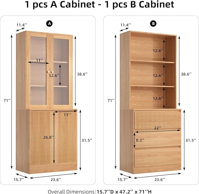 TUSY 71'' Freestanding Tall Storage Cabinet, 5 Tier Wood Bookcase with 3 Drawers and 2 Tempered Glass Doors (AB)