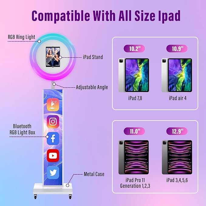JIYANG Portable Photo Booth Compatible with Ipad 10.2-13inch,Photo Booth Machine with CHACKTOK APP Control,Photobooth VIP,Music Sync,Free Custom Logo,Light Box Honeycomb Case(White)