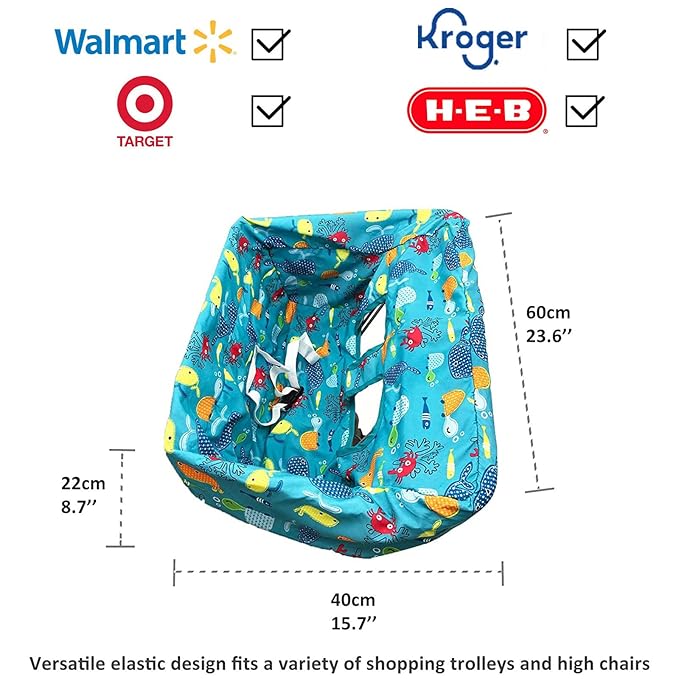 Pozico Baby Shopping Cart Cover & High Chair Cover – Machine Washable, Grocery Cart Cover with Portable Cloth Bag Included, Underwater World Blue Design
