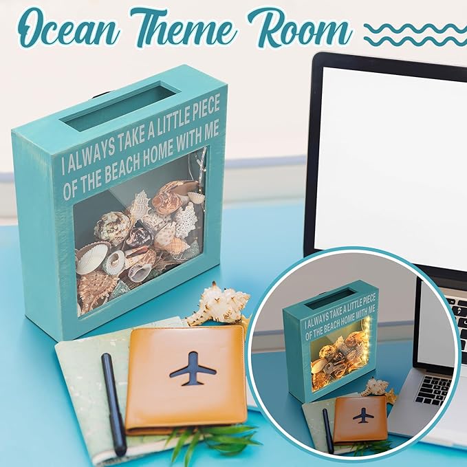 Juexica Seashell Holder with Light Display Box Room Decor Ocean Themed Gifts for Christmas Display Case Sea Shells Beach Coastal Decor Acrylic Wall Hanging (Blue,Beach)