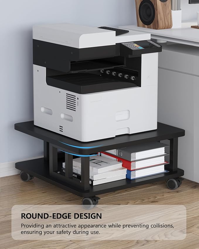Mobile Printer Stand, 2-Tier Large Printer Shelf for Laser 3D Printer Office Machine with Storage, 23.6"x23.6" Wood Printer Cart Under Desk Rack with Wheels for Office Home Kitchen (Black)