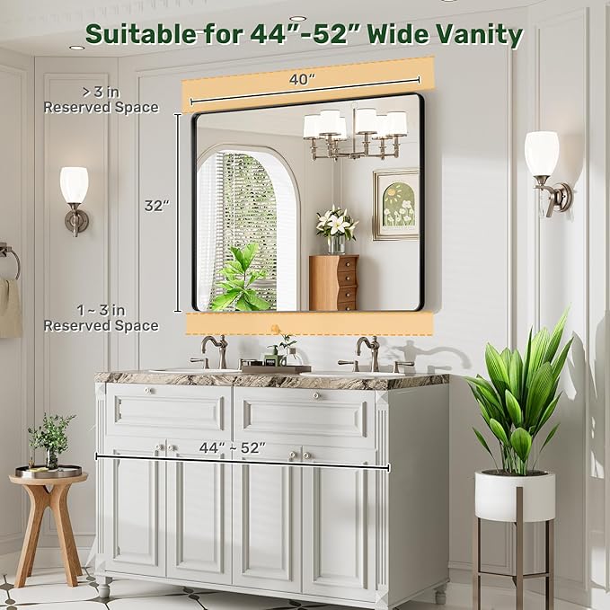 40X32 Black Bathroom Mirror for Over Sink, Metal Framed Vanity Mirror Wall Mounted, Rectangle Mirror for Bedroom Living Room Restroom Entryway, Anti-Rust, HD Tempered Glass