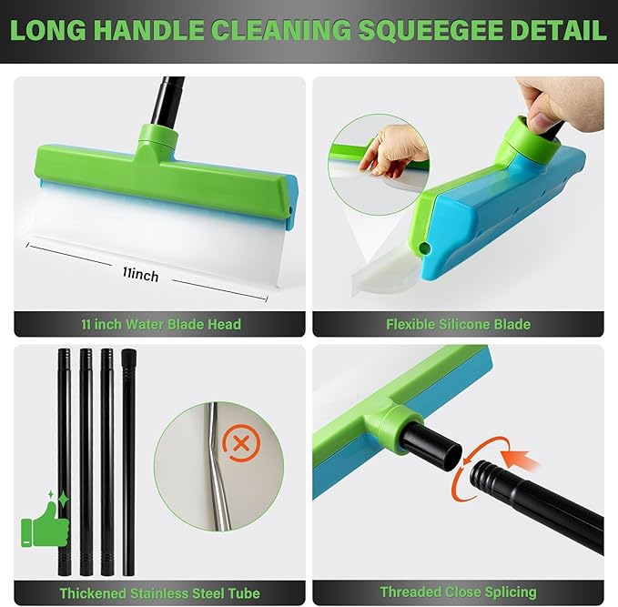 Gomake ‌11'' Cleaning Squeegee with 20-63 Inch Telescopic Long Handle for Shower Glass Door,Car Windshield, Window, Mirror, Bathroom,Countertop,Floor Cleaning