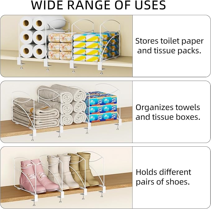 8-Piece Wire Shelf Dividers for Closet Organization, Upgraded C-Clips Adjustable Metal Shelf Dividers Suitable For Bedrooms & Kitchens, Storage Helper for Handbag Sweater Shirt Ankle Boots, White