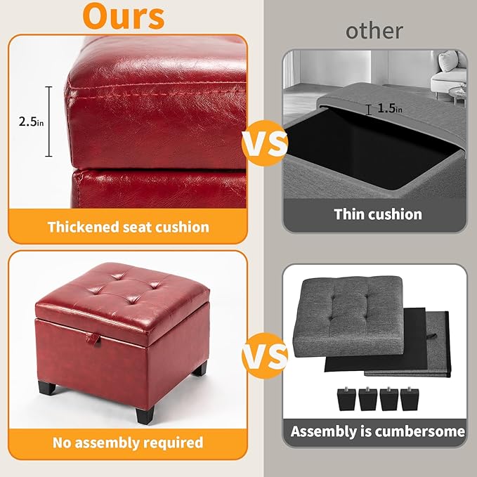Asense 17 Inch Storage Ottoman Foot Rest,Square Faux Leather Foot Stool,Small Ottoman with Storage,Padded Seat for Entryway,Living Room,Bedroom,Couch,Under Desk,Red