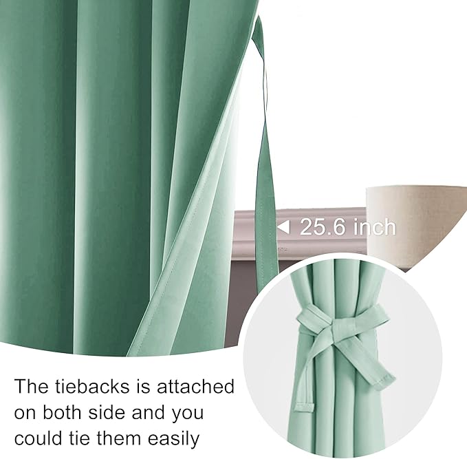 JIUZHEN Blackout Curtains for Bedroom– Thermal Insulated,Noise Reducing Room Darkening Privacy Drapes for Living Room, Set of 2 Panels with Tiebacks, 52 x 84 inch Long, Sage Green