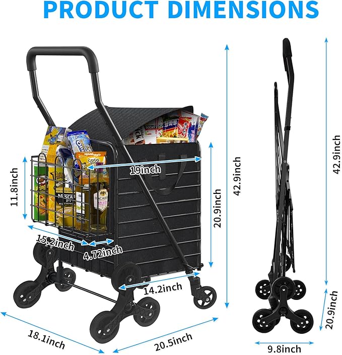 Folding Shopping Cart with Waterproof Liner, Heavy-Duty Stair-Climbing Grocery Cart with 360° Swivel Wheels - Extended Foam Handle - Utility Trolley for Laundry, Travel, Shopping (Black)