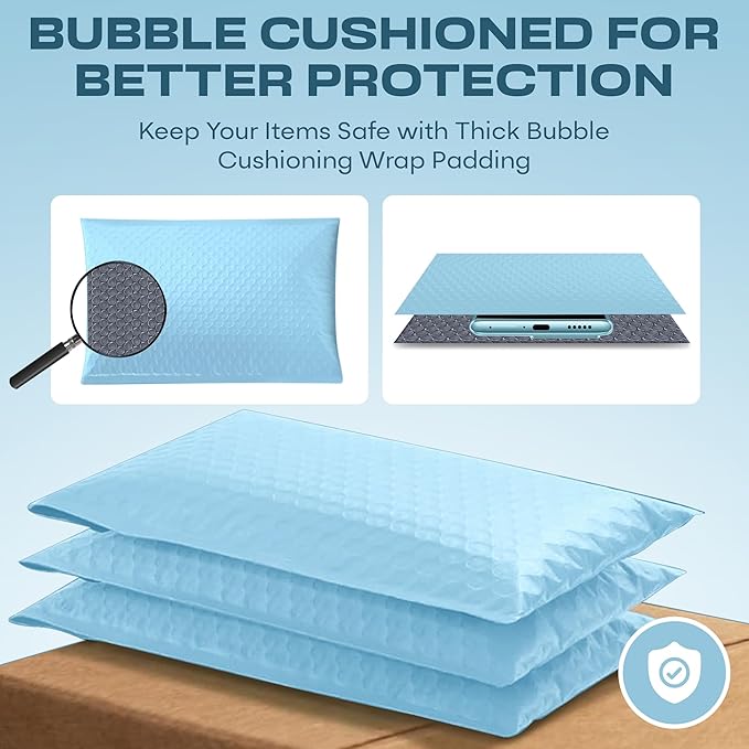 Light Blue Small Bubble Mailers 4x8 Inch #000 | Thick Padded Poly Bubble Mailer Envelopes | 1000 Pack Bulk | Trading Card Sports Card Shipping
