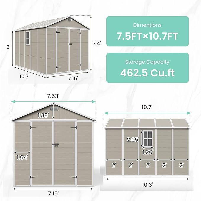 UDPATIO Outdoor Shed 7.5x10.7 FT, Plastic Storage Shed for Bike, Garbage Can, Tool, Outside Sheds & Resin Shed with Lockable Door for Backyard, Patio, Lawn, Standstone