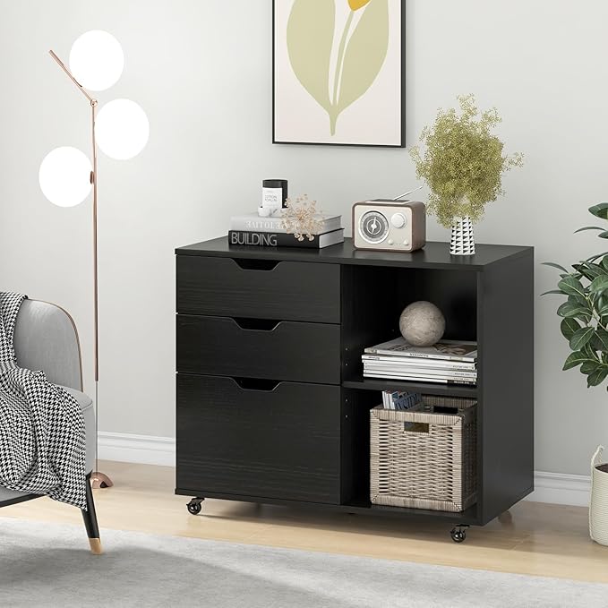 File Cabinet, Mobile Filing Cabinet w/Universal Wheels & 3 Drawers, Wood Printer Stand with Storage, Rolling File Cabinets for Home Office, Living Room, Bedroom (Black, 3 Drawers)