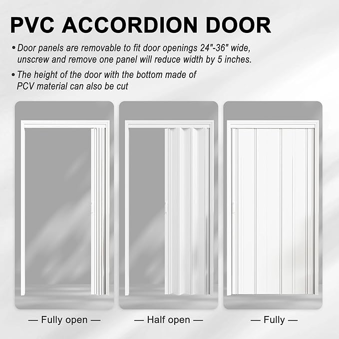 24-36 x 80in Accordion Doors Interior Folding Door, White PVC Accordion Door with 3 Frosted Acrylic Glass with Upgraded Roller & Handle & Complete Hardware, for Closet Bathroom Doorways