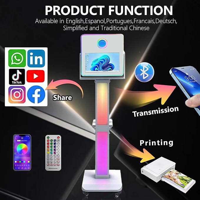 Photo Booth Machine 15.6 inch Selfie Portable Touch Screen Photobooth with RGB Light,Mirror Photo Booth with Flight Case for Wedding Party Events (Machine+Mini Printer)