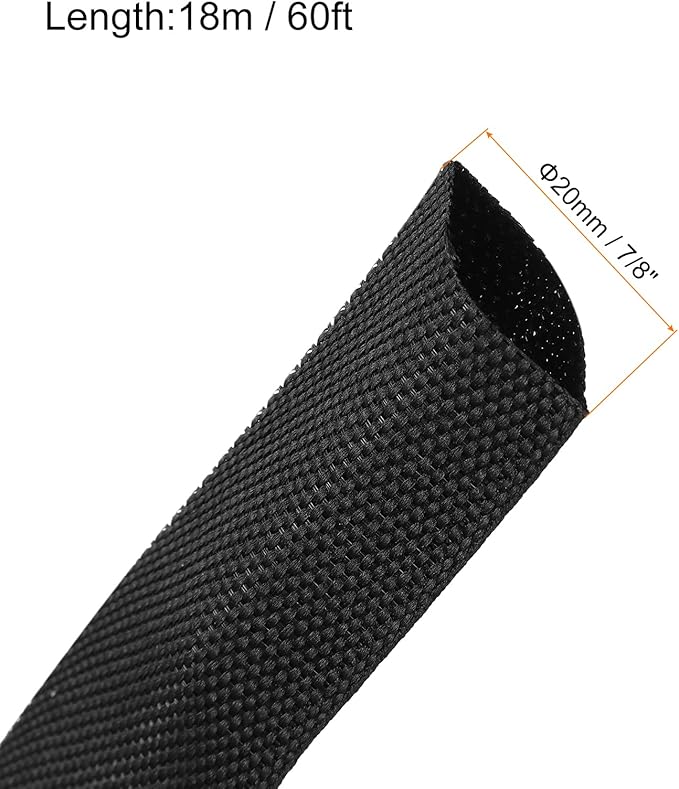 MECCANIXITY Braided Cable Sleeves Heat Shrinkable Fabric Sleeving, 7/8" 60ft Black 2:1 Ratio Heat Shrinkable Cord Protector for Harness Cable, Network Cable Protection, Cable Management