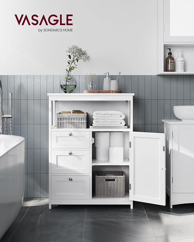VASAGLE Floor Storage Cabinet, Freestanding Storage Unit with 3 Drawers, Adjustable Shelf, 11.8 x 23.6 x 31.5 Inches, for Living Room, Bathroom, Entryway, White UBBC542P31V1
