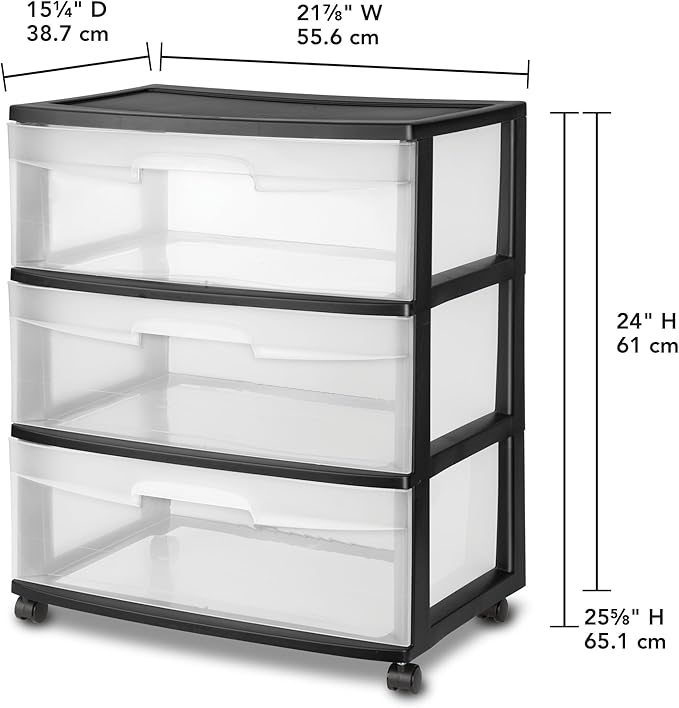 3 Drawer Wide Plastic Storage Cart with Clear Pull-Out Drawers & 4 Wheels - Medium Home Organization Container for Classroom Bathroom Dorm Bedroom Laundry Room (Black)