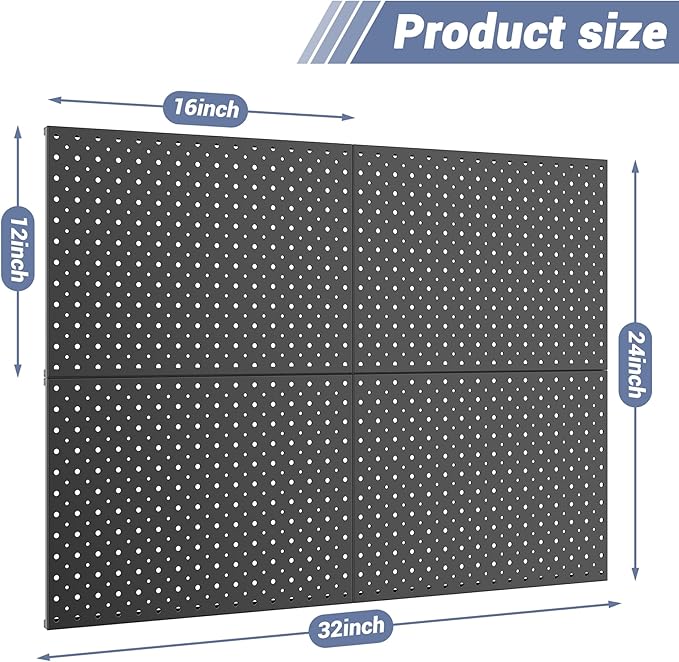 WALMANN 4-Pack 12"x16" Metal Pegboard Panels for Garage, Tool Organizer Pegboard for Pegboard Hooks - Compatible with 1/8" & 1/4" Hooks(Black)