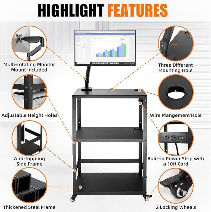 AV Cart with Monitor Mount, Height Adjustable Media Cart with Wheels and Power Strip, Rolling Workstation for Office, Classroom & Warehouse, Steel Presentation Stand for Projector, Laptop & Printer
