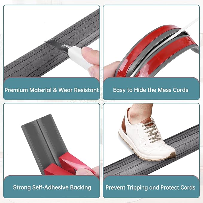 Floor Cord Cover Self Adhesive Cord Hider Floor Extension Cord Covers for Floor Power Cord Protector Cable Management Prevent Cable Trips Cable Cavity 0.59" W x 0.31" H (Deep Grey Wood, 20Ft)