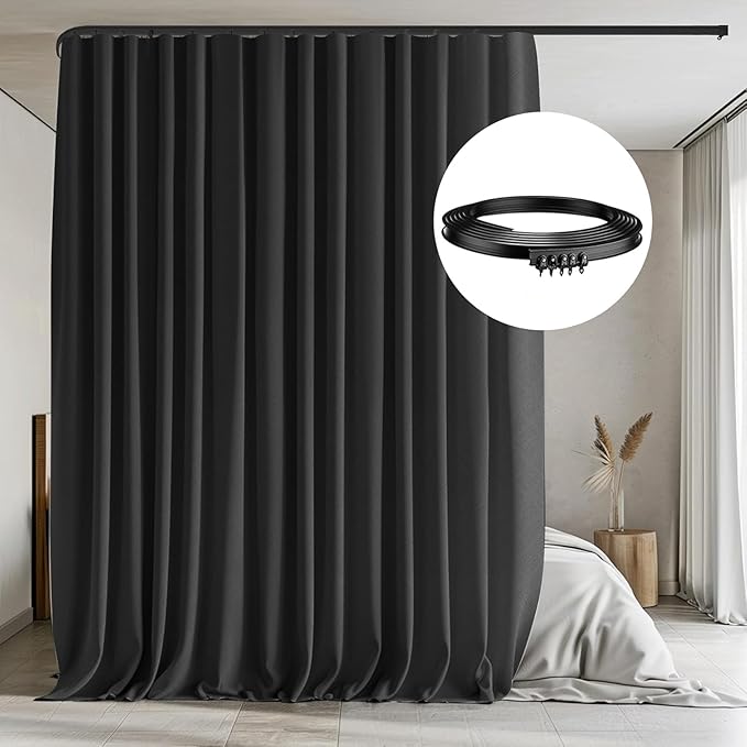 Room Divider Curtains with Flexible Ceiling Tracks Set,Blackout Curtain Ceiling Mount Curtain Track Privacy Room Dividers Ceiling Track Curtain Rod(Black Drape & Black Rail W 12.5 × H 8 FT)