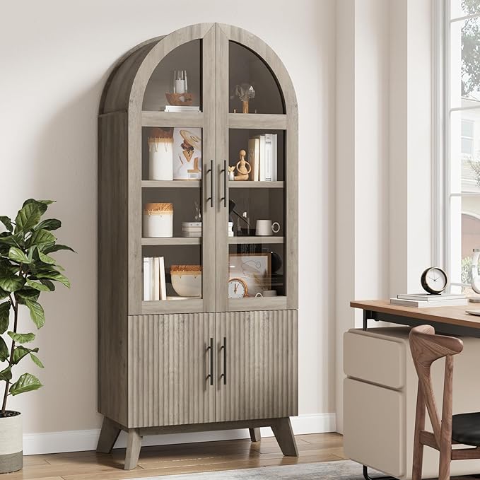 71" Modern Fluted Display Cabinet with Glass Door, Arched Curio Cabinet with Adjustable Shelf, Bookcase for Collectibles Books, Storage Cabinet for Living Room, Dining Room, Grey