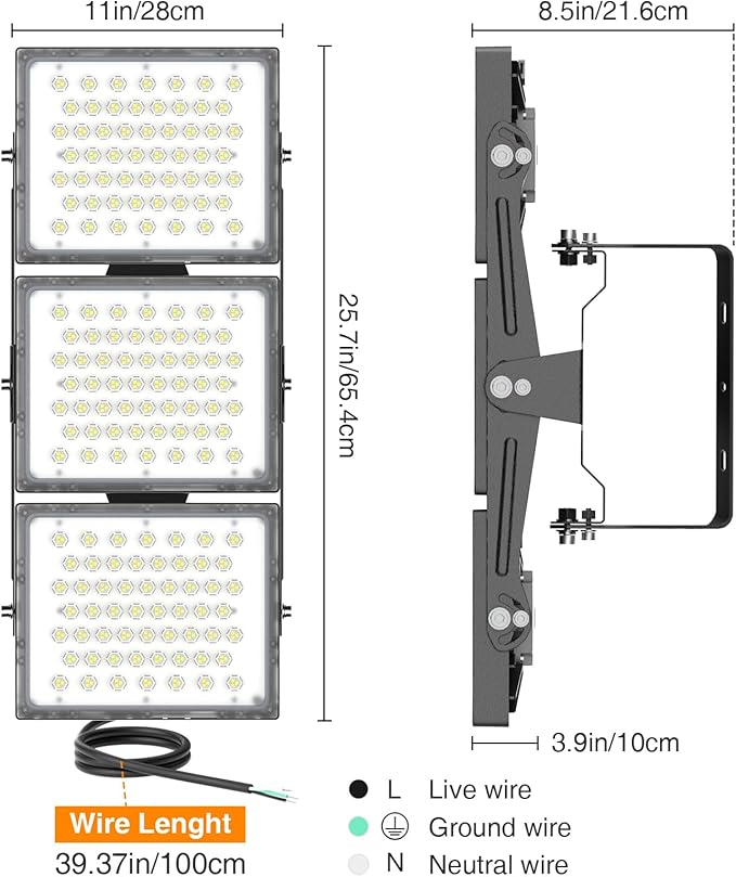 2025 Elite New Upgraded LED Flood Light Outdoor 300W 45000lm Stadium Flood Lights, 5000K IP66 Waterproof Adjustable Adjustable Floodlight for Street, Parking Lot