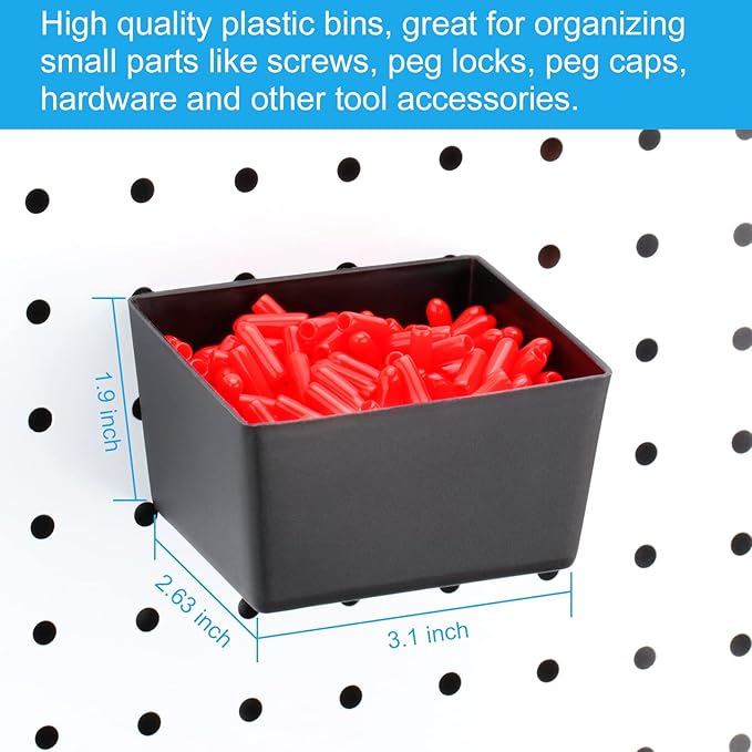 60 Assorted Pegboard Hooks with Pegboard Bins Plus 154 Peg Locks/Caps for 1/4 inch & 1/8 Inch Peg Board, Won’t Fall Out