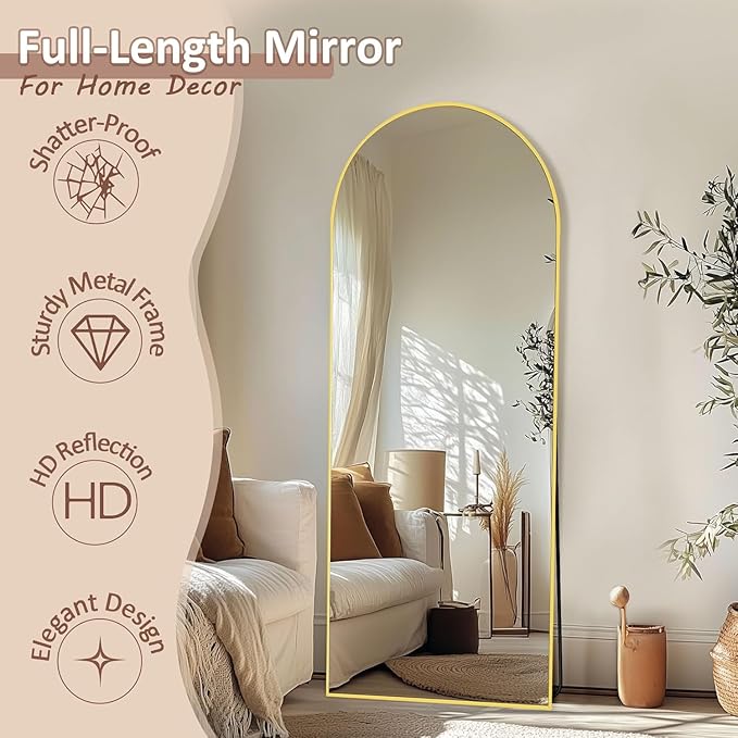 Full Length Mirror, 59" x 18" Arched Full Body Mirror Large Standing Floor Mirrors, Mirrors for Bedroom, Bathroom, Living Room Standing or Wall Leaning, Gold