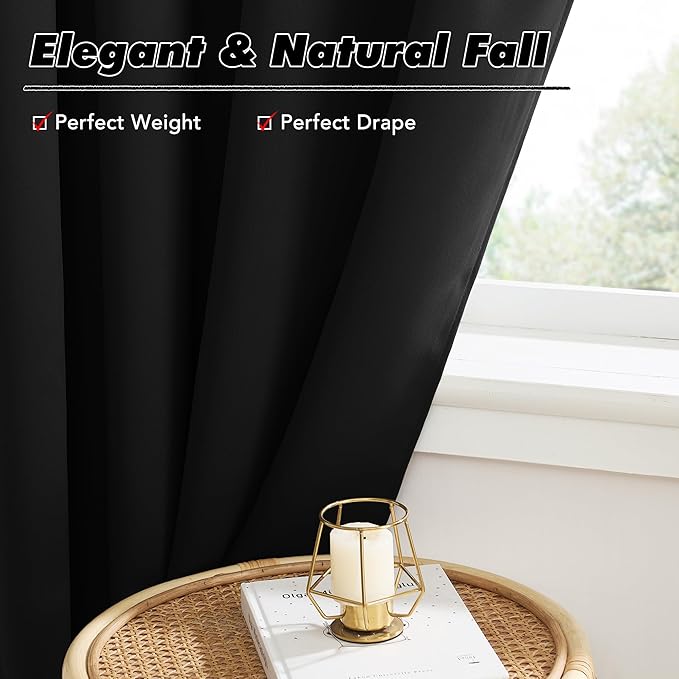 KGORGE Black Out Curtains 54 inch Long for Bedroom, Privacy Protection Blackout Insulated Thermal Room Darkening Noise Reducing for Kids Room Nursery, W52 x L54 inches, Black, 2 Panels