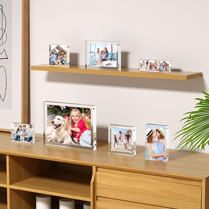 AITEE 6x8 Acrylic Picture Frames 3 Pack, 20% Thicker Block, Clear Picture Frames Freestanding Double Sided Magnetic Acrylic Lucite Frameless Transparent Square Frame Gift for Desktop Display