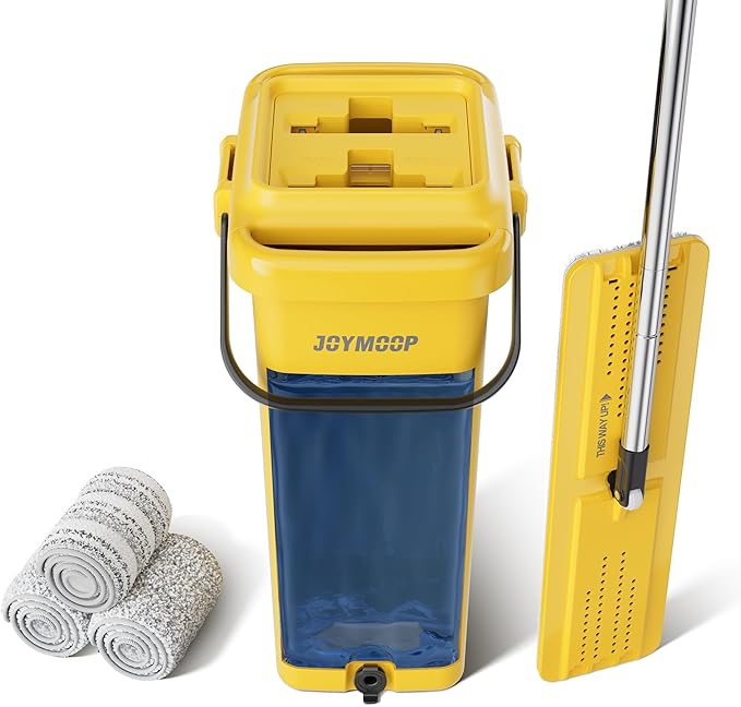 JOYMOOP Industrial Mop and Bucket Set, 17.7-inch Dust Mops for Floor Cleaning, Flat Mop Bucket with Wringer, Include 3 Reusable Microfiber Mop Pads - Yellow