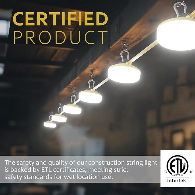 LED Construction String Lights 100FT, 3 Prong, 10000 LM, 5000K LED String Work Lights, 100W Temporary Lighting for Job Site Outdoor Indoor, IP65 Waterproof Temporary Construction Lights, ETL Listed