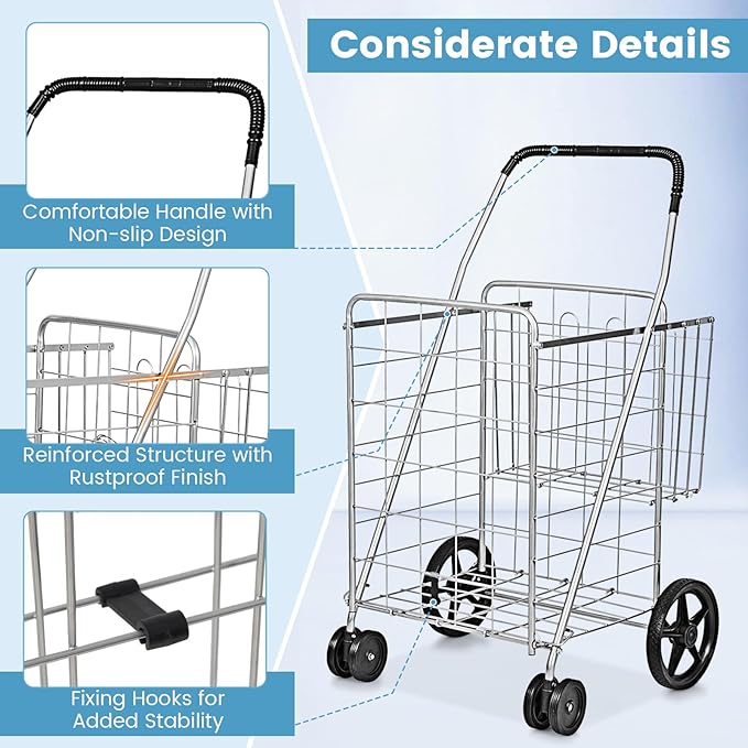 COSTWAY Folding Shopping Cart, Metal Grocery Cart with Extra Basket, 360° Swiveling Front Wheels & Comfortable Handle, Light Weight Collapsible Utility Cart for Laundry, Camping (Silver)