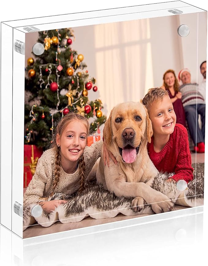 NIUBEE 5x5 Picture Frames, Clear Acrylic Photo Frame with Gift Box Package, 20% Thicker Blocks Magnetic Desktop Card Display