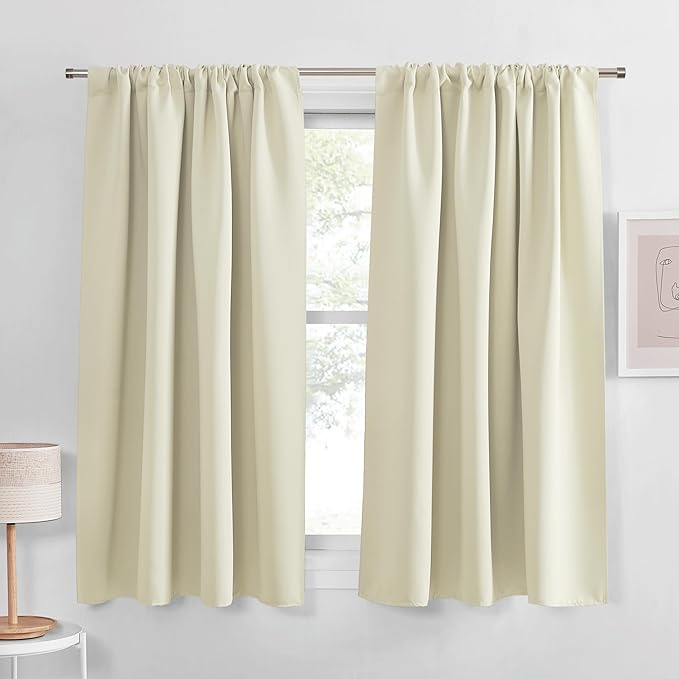 PONY DANCE Beige Kitchen Window Curtains 45 inch Length 2 Panels Set, Thermal Insulated Small Window Curtains, Light Beige Short Drapes for Bathroom, RV Camper, W 42 x L 45 inch