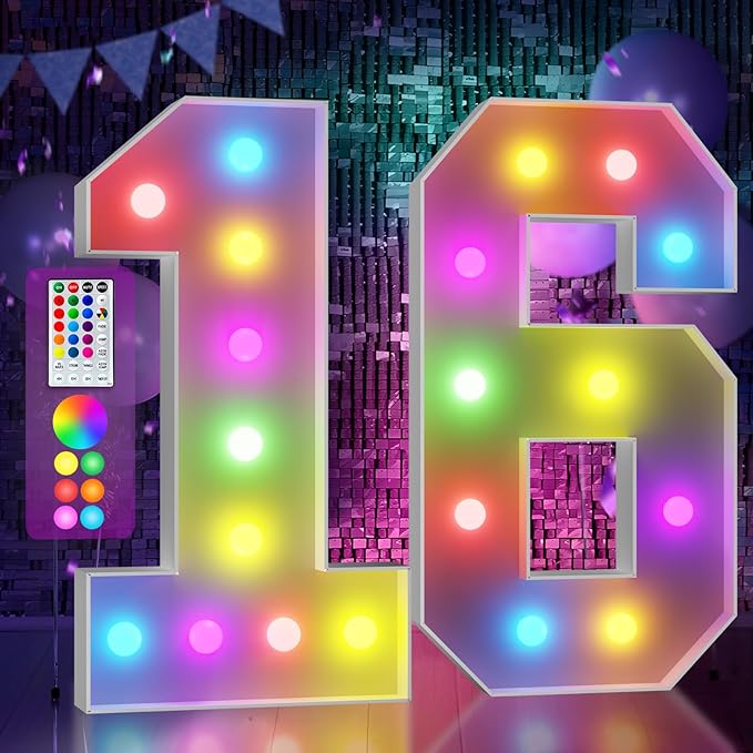 Marquee Numbers Colorful 16th Birthday Decoration: 4FT Large Light Up Sweet 16 Year Old Birthday Decorations Anniversary Backdrop Cardboard Sign 18 Colors Number 16 Mosaic Balloon Frame