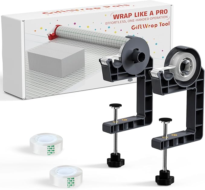 Tabletop Gift Wrapping Tool with Tape Dispenser–2 Pack Adjustable Wrapping Paper Table Clamps with 2 Tapes–Perfect for Christmas, Holidays, and Crafting