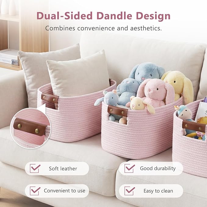 Cotton Rope Basket, Storage Baskets with Handle, 15x10x9 Inch Woven Basket for Shelves, Laundry, Towels, Clothes, Books (Light/Pink 3Pack)