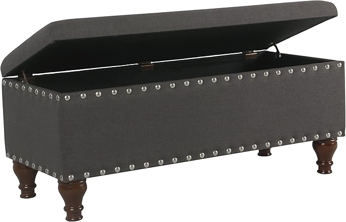 HomePop Upholstered Storage Bench with Nailhead Trim – Charcoal