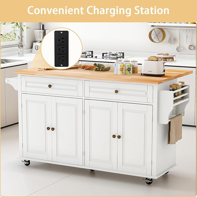 67’’ Movable Kitchen Island with Drop Leaf and Power Outlet, Lockable Sliding Countertop Rolling Island Cart with 2 Large Drawers, Spice, Towel Rack,White