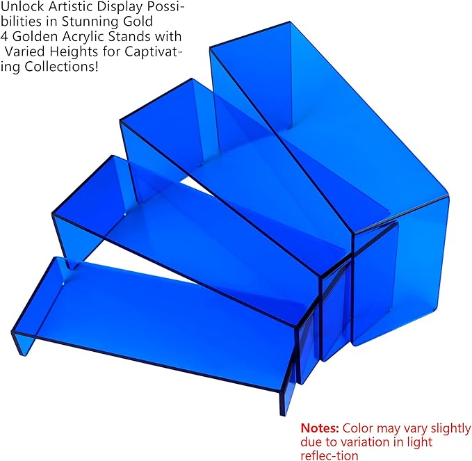 ELEGANTLIFE Acrylic Display Riser,4.3mm Heavy Duty Crystal Display Stand Shelf Layered Aesthetic, Jewelry Display Shelf Risers for Décor,4 Pack Set Multi-color (Blue)