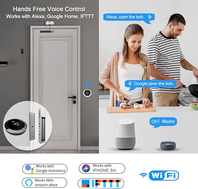 WiFi Access Control 400lb Holding Force Electic Magnetic Door Lock System Kit with Remote and Smartphone app Control, paired with Wireless Metal Touchless Round Switch (Electric Magnetic Lock kit)