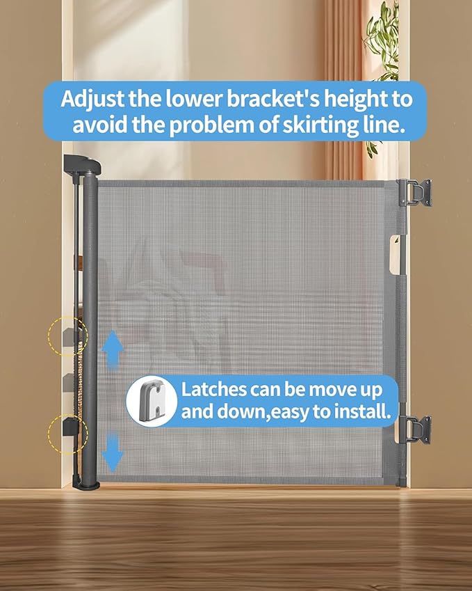 Retractable Baby Gate for Doorways and Stairs, Mesh Safety Gate for Pet, Indoor & Outdoor Use, One-Hand Operation, Easy Installation, 33.6" Tall, Expands to 55" Wide（Grey,33.6"x55"