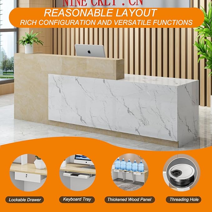 PLMOKN Wood Reception Desk Marble Stone with Checkout Retail Counter L Shaped Modern Mostrador para Negocio Office Desk Closed Front with Storage Drawers for Barber,Salon,Clothing Store