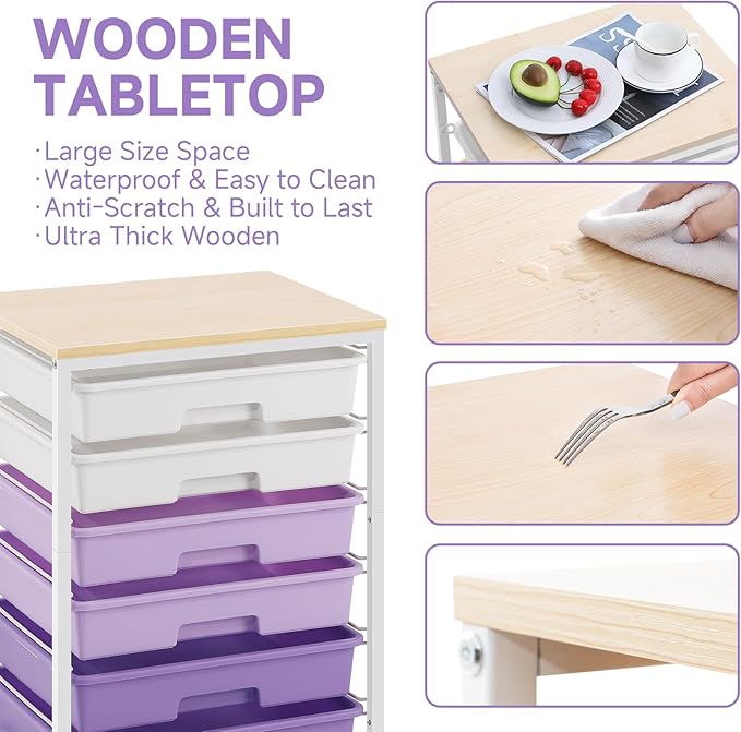Rolling Cart with Drawers,Utility Cart with 6 Drawers,Rolling Storage Cart with Drawers and Wooden Tabletop & Lockable Wheel,Purple
