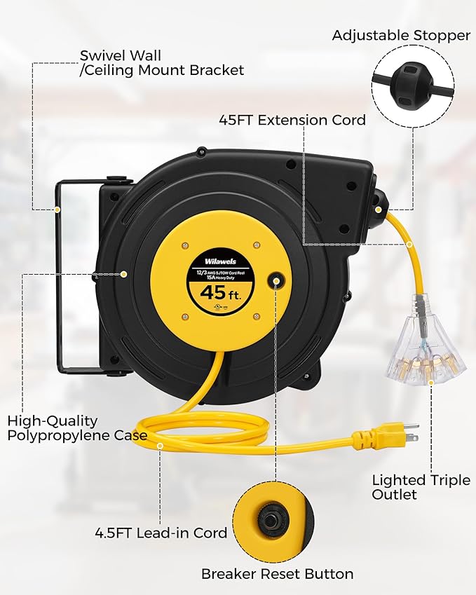 Retractable Extension Cord Reel, 45 FT Heavy Duty Power Cord, 12AWG/3C SJTOW, 3 Grounded Outlets Lighted Triple Tap for Ceiling/Wall Mount, 15 Amp Circuit Breaker, UL Listed, Yellow Y45CR06