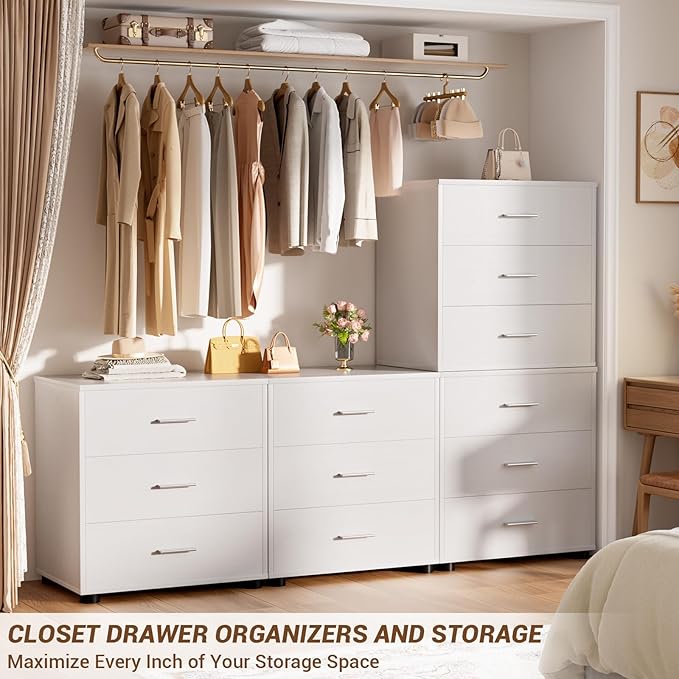 Aheaplus Closet Drawers Set of 2, Wood Closet Organizers and Storage with 3 Drawers, Closet Drawers Organizer System, Nightstands Bedside End Table with 3 Drawers Storage for Bedroom, White