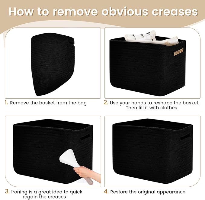 3 Pack Shelf Woven Storage Basket, 15 x 10 x 9” Closet Rope Baskets For Organizing, Square Bins with Handles, Black