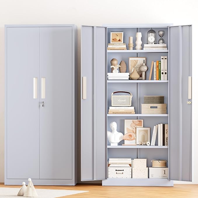 Greenvelly Metal Storage Cabinet, 63" H Locking Metal Storage Cabinet with Doors and 4 Shelves, Lockable Steel Cabinets for Kitchen, Bedroom, Living Room, Office (Dark Grey)