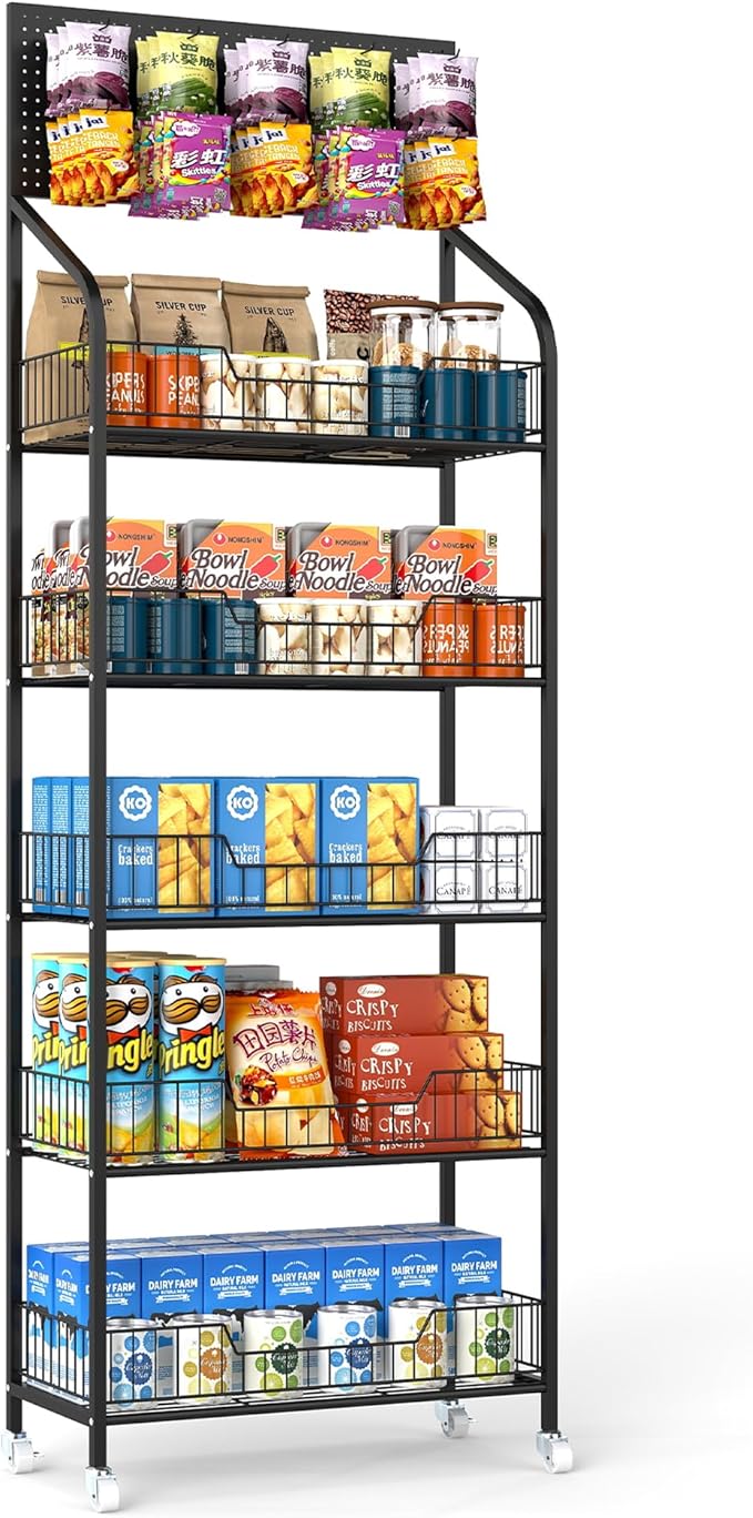 Retail Snack Display Stand,5-Tier Black Metal Storage Shelf Brackets with Wheels & Hooks,Metal Storage Shelves Heavy Duty, Retail Display Shelves Racks,Snack Organizer Stand Display Supplies